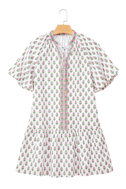 Pink Floral Print Bubble Sleeve Neck Tie Ruffled Dress